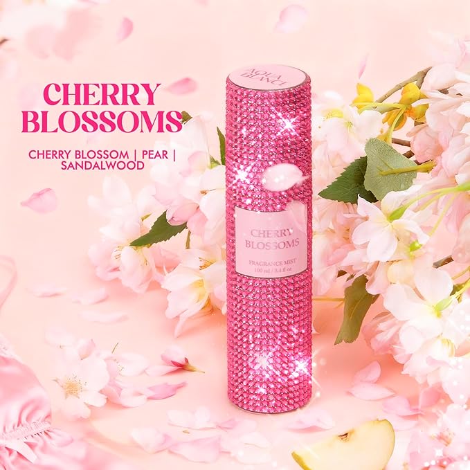 AQUA BLANCE Body Spray for Women, Cherry Blossoms, Diamond embellished Fragrance Mist, 3.4 fl oz