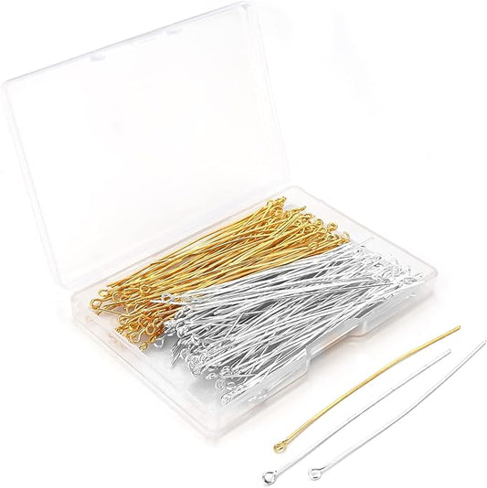 200 Pcs 70mm/2.76 Inch 21 Gauge Eye Pins for Jewelry Making Straight Head Ball Pin for DIY Christmas Styles Craft Earring Bracelet Necklace Pendant Making (Eye Pins,Silver & Gold Color)