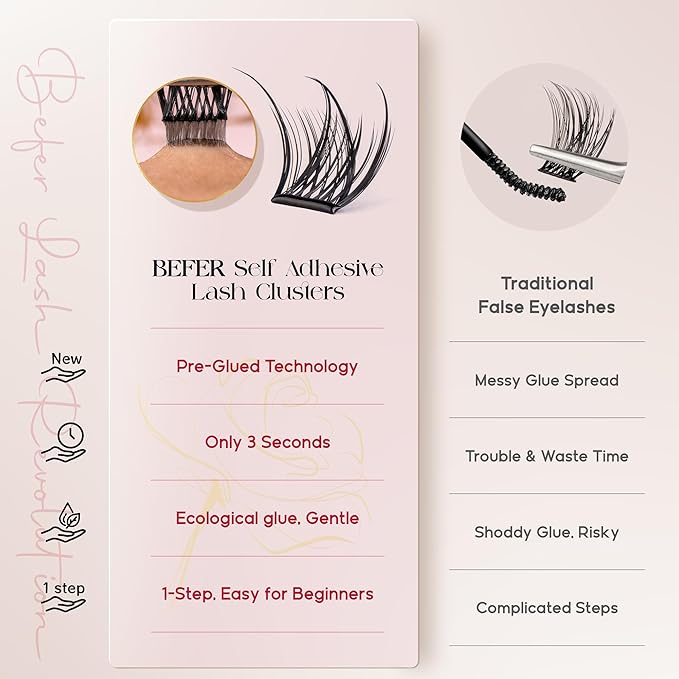BEFER Self Adhesive Eyelashes Clusters, D Curl 10-16MM Pre Glued Lash Natural Look No Glue No Remover Needed Reusable Lashes Press on Eyelash Clusters Easy for Use DIY at Home(TYB85,Flare)