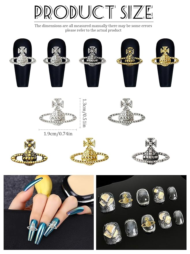 60 Pcs Planet Nail Charms, CYHYII 3D Y2K Nail Art Charms Metal Punk Vintage Saturn Shape Nail Accessories for Women Girls Nail Art Design DIY Craft Crystals Jewelry(5 Colors)