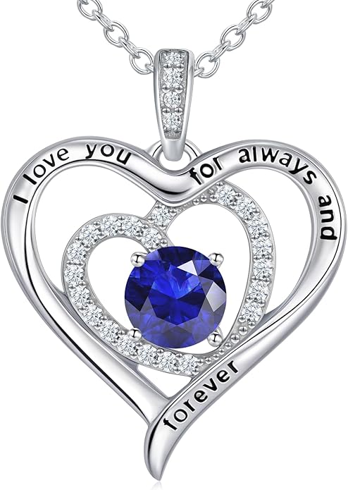 S925 Sterling Silver Necklace for Women, Valentines Day Gifts for Her, Love Heart Birthstone Necklaces for Women, Wife Jewelry, Mom Birthday Valentines Mothers Day Gifts, Girlfriend Necklaces, Daughter Heart Jewel, Anniversary for Her