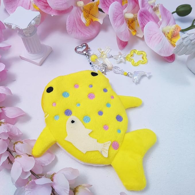 Adorable Whale Shark Coin Purse Keychain,Soft Plush Zipper Coin Purse,Handmade Purse Bag Charm Gift for Women (Yellow)