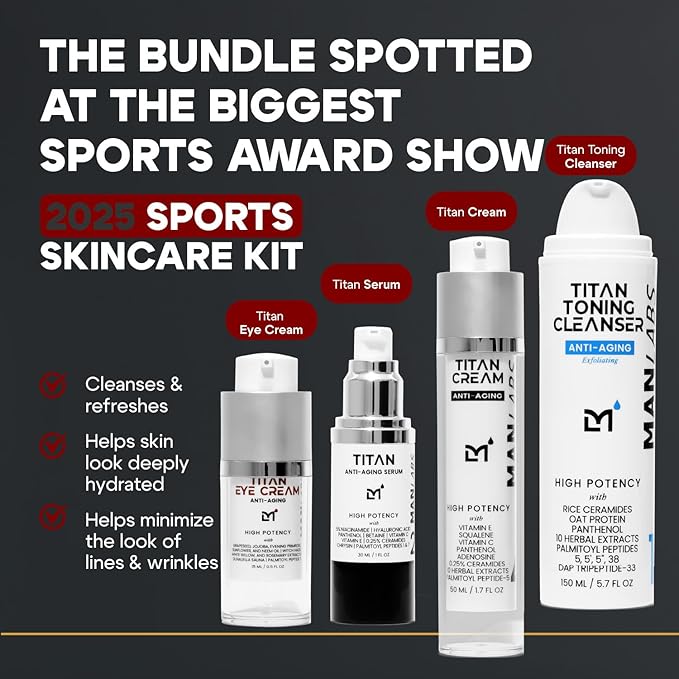 Man Labs Titan Sports Anti-Aging Mens Skin Care Kit – Cleanser, Face Serum, Eye Cream, Face Moisturizer – Men, Skin Care Set – Dark Circles, Wrinkles, Fine Lines – Vitamin C, Niacinamide, HA–Unscented