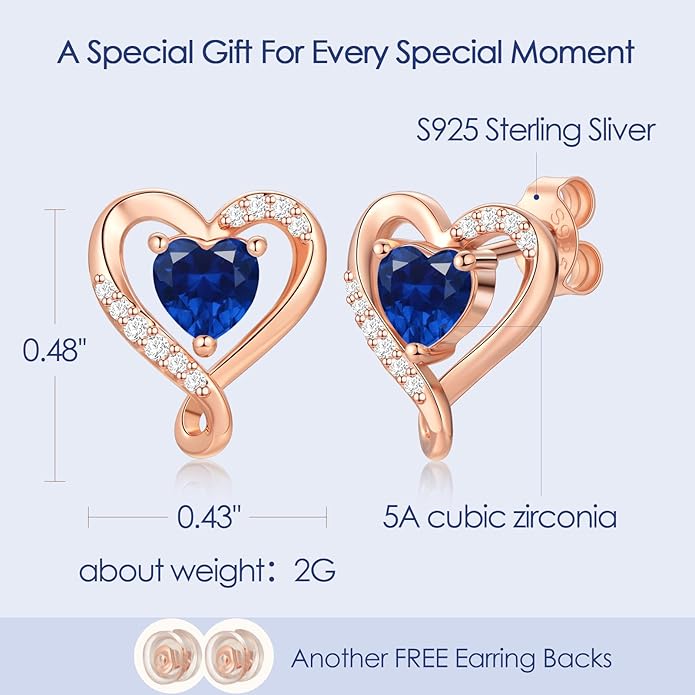Zifeel Earrings for Women, S925 Sterling Silver Rose Gold Birthstone Heart Studs Earring for Girlfriend Wife, Anniversary Birthday Christmas Valentines Mothers Day Gifts Jewelry for Women Wife Her Mom