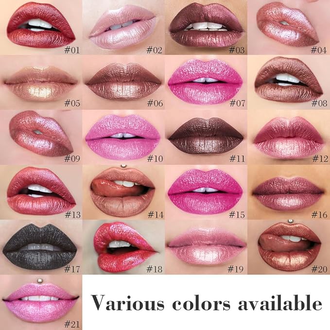 evpct Brown Bronze Metallic Glitter Lip Liner and Lipstick Combo Lip Gloss Stain Set Makeup for Women Long Lasting Waterproof 24, Hot Chocolate Metallic Shimmer Frosted Iridescent Liquid Lipstick 08