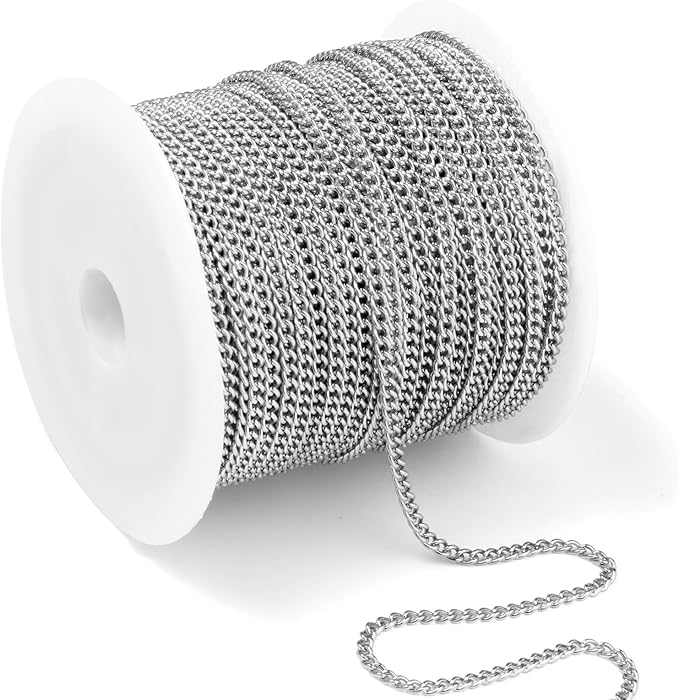 66 Feet Stainless Steel Curb Chains Roll, 1.5 mm 304 Stainless Steel Flat Twisted Links Chains Bulk Spool for Jewelry Making DIY Craft