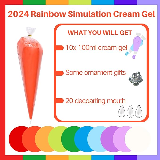 ASTRYAS 10PCS 100g Cream Glue Kit, Decoden Kit, Fake Whipped Cream Glue Clay Frosting with Decorating Tips for Crafts Handmade Phone Case Mirror Jewelry Accessories (Rainbow Theme)