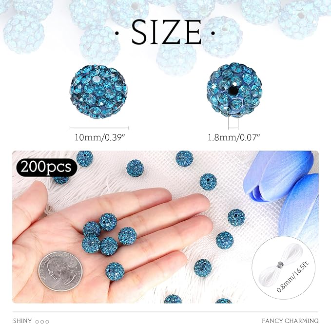 200 Pcs Blue Zircon Rhinestone Beads for Jewelry Making, Sparkle Crystal Clay Christmas for Bracelet Baseball Necklace Earring Crafting and DIY, Shiny Round Shamballa Disco Ball Beads Bulk
