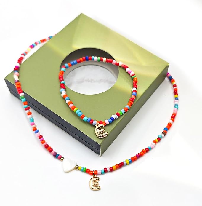I IHAYNER Colorful Beaded Initial Necklace and Bracelet Set for Girls Personalized Letter Jewelry Gifts Trendy Choker Necklace Matching Bracelet Birthday Friendship Gift