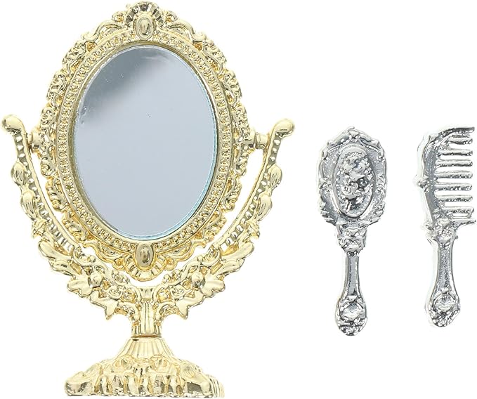 LUOZZY Miniature Makeup Mirror and Comb Set 1:12 Dollhouse Accessory Vintage Mirror Model with Comb Dollhouse Bedroom Decor