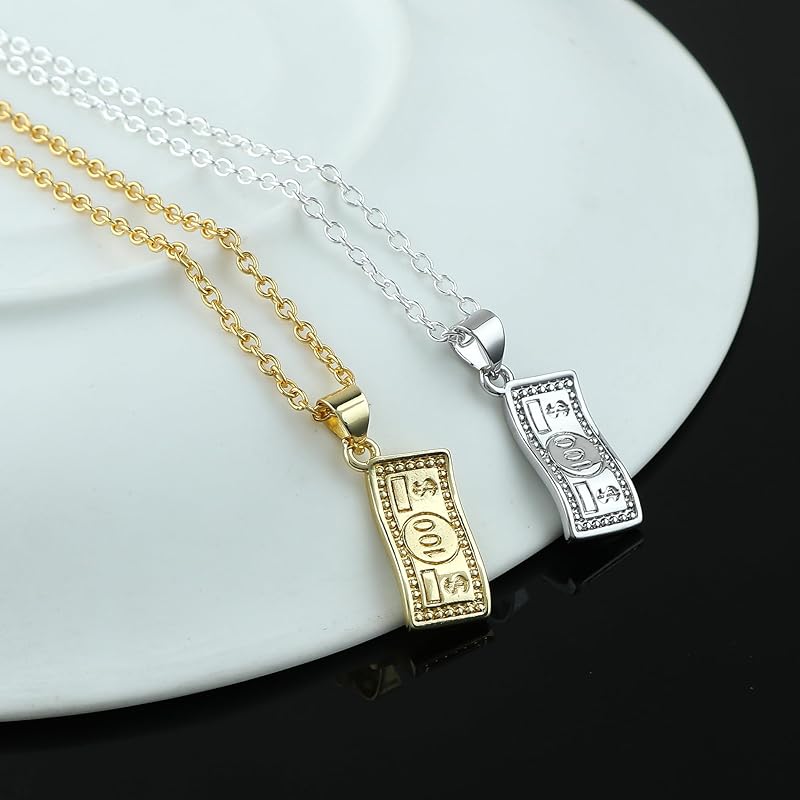 JOR Doller Note Charm Pendant Necklace, Money Catcher, Men & Women Unisex Jewelry, Dainty Gold & Silver Plated Combo Chain 18 inch (Pack of 2)