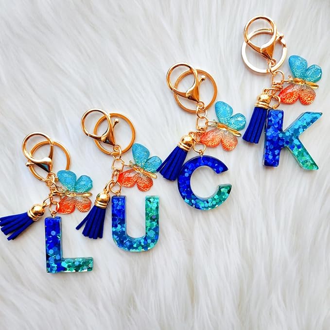Cute Initial Letter Keychains for Women Girls Tassel Butterfly Pink Purple Green Keychain for Backpack School Bag