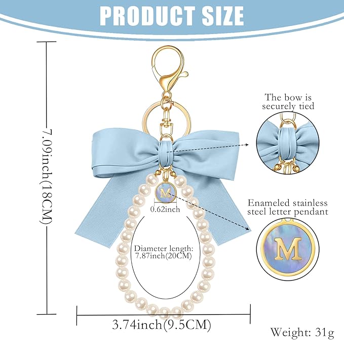 XGALBLA Initial Letter Cute Coquette Bow Keychain for Women, Wristlet Simulated Pearl Keychains Bag Charms for Handbags