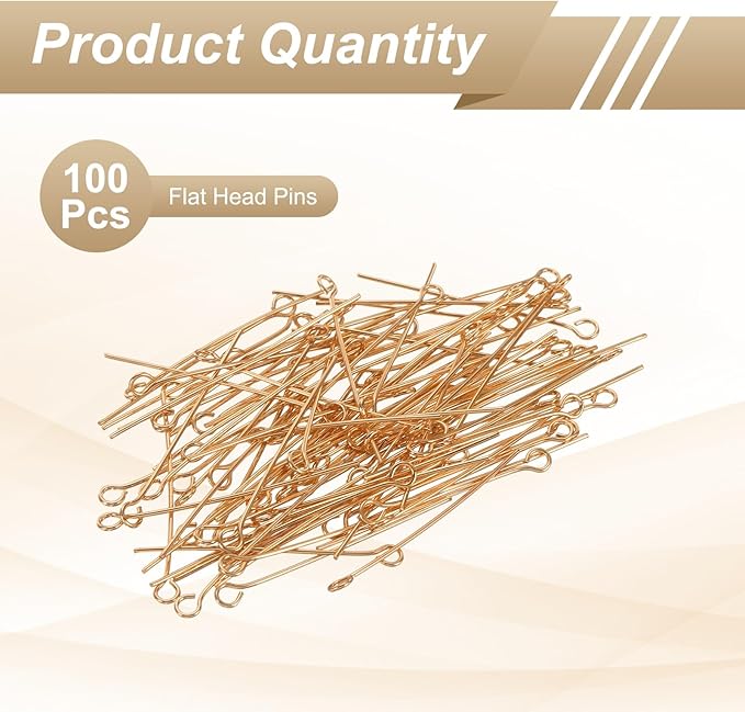 HARFINGTON 100pcs Open Eye Head Pins 1.18" 30mm Mini Metal Wire Eye Pins Beading Small Needles Bulk for Earring Pendant Necklace Bracelet Charm Jewelry Making Findings, Champagne Gold