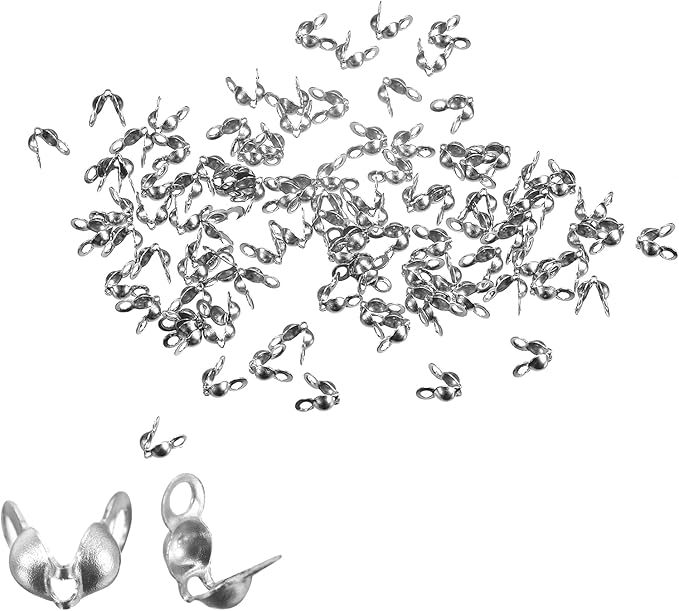 uxcell 200Pcs Open Bead Tips Knot Covers, 1.5mm Metal Clamshell Crimp Fold-Over Calotte End Caps for Jewelry Making DIY Crafts, Silver