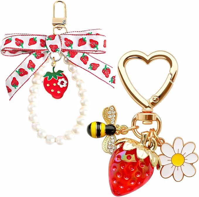 2Pcs Strawberry Keychain Charm Cute Bag Charms Flower Daisy Pearl Bow Keychain Strawberry gift for Women