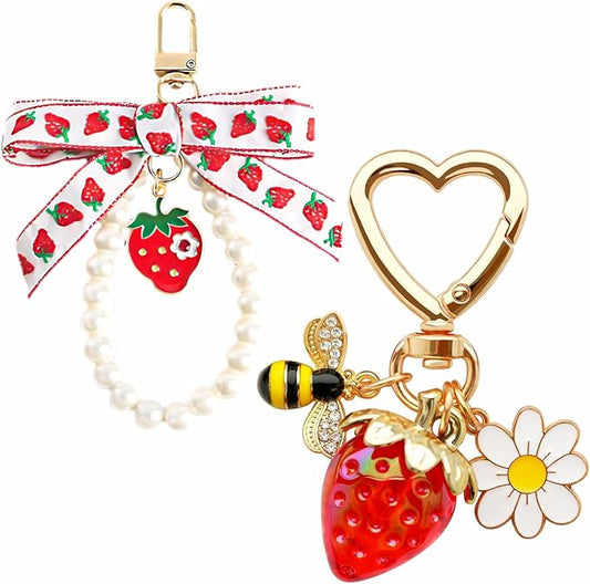 2Pcs Strawberry Keychain Charm Cute Bag Charms Flower Daisy Pearl Bow Keychain Strawberry gift for Women
