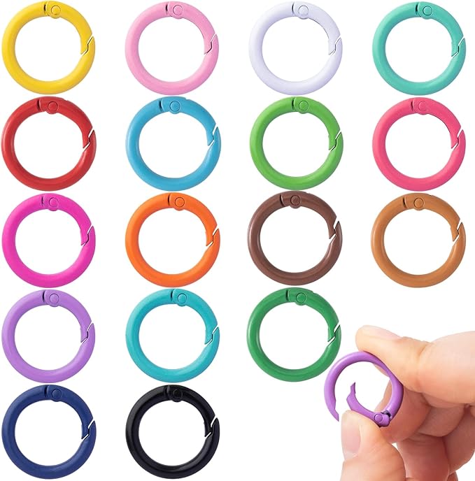 HINZIC 34Pcs 25mm Round Spring O Rings, Colorful Metal Carabiner Snap Buckle Clip Trigger DIY Accessories for Purse Keyrings Keychain Handbag Lanyard