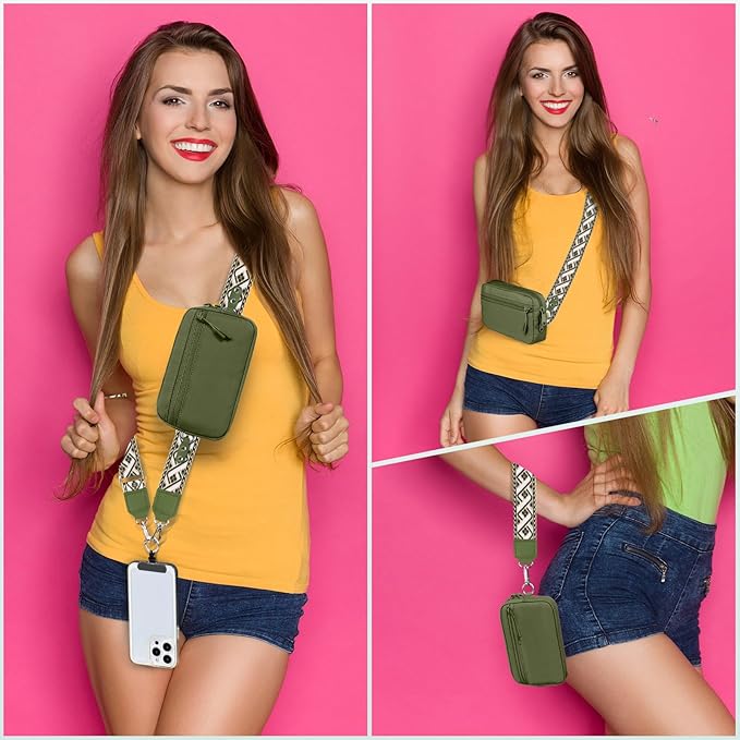 Clip and Go Strap for Phone with Wallet Crossbody, Adjustable Phone Lanyard with Detachable RFID Wristlet Wallet, Pattern Strap - Olive Green(L)