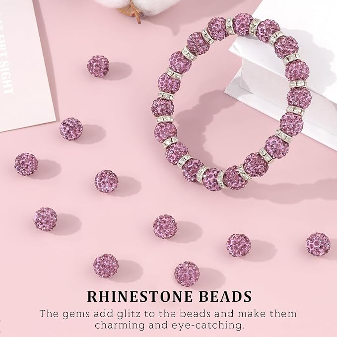 120pcs 10mm Rhinestone Beads for Jewelry Making, Light Purple Shiny Round Shamballa Disco Ball Beads, Sparkle Crystal Clay Christmas for Bracelet Baseball Necklace Earring Crafting and DIY
