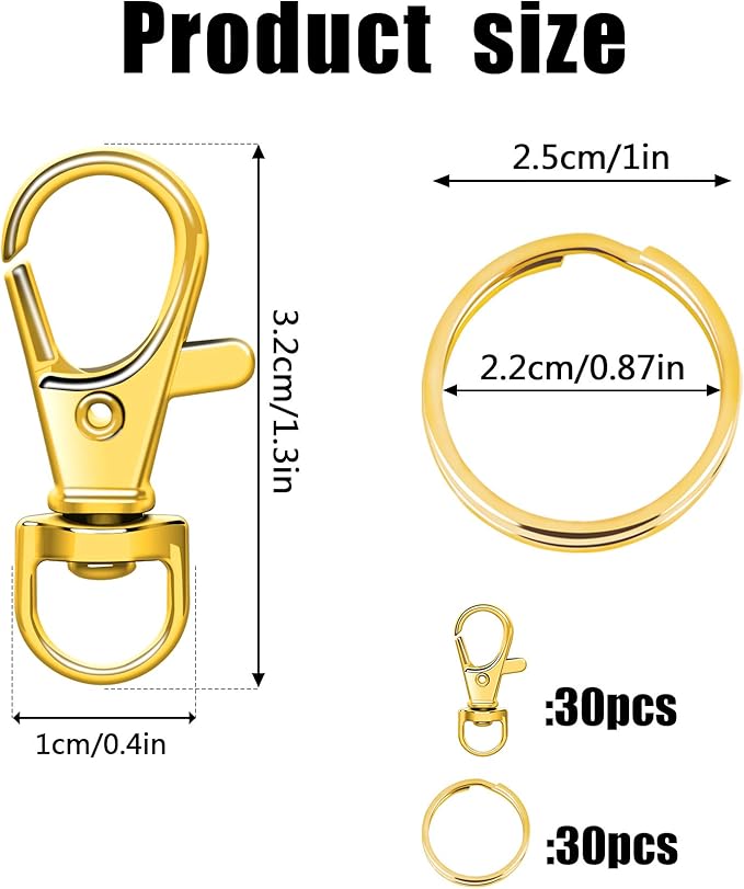 SANNIX 60pcs Gold Swivel Snap Hooks with Key Rings,Keychain Clip Hooks, Key Chain Rings, Lobster Claw Clasps for Lanyard Clip Jewelry Making Crafts