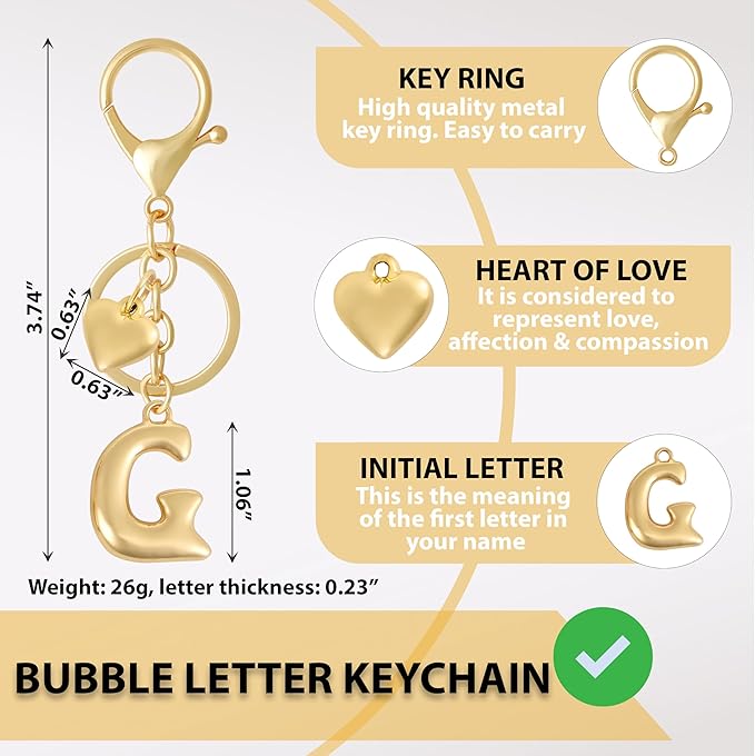 Heart Bubble Letter Keychain for Women, Girls - Cute Keychain with Initial - Alphabet Keychain for Bag Charm, Handbag