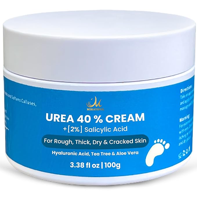 Miratiful Urea Cream 40% w 2% Salicylic Acid (4 oz) | Softens Cracked Heels & Dry Skin Urea Salicylic Acid Cream w/Tea Tree & Coconut Oil | Urea 40 Cream for Callus & Corn Treatment