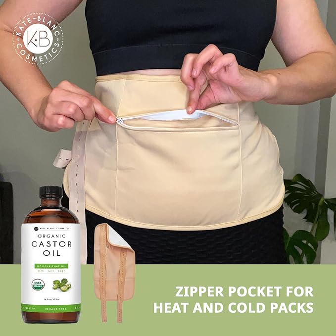 Kate Blanc Cosmetics Castor Oil Pack Wrap for Stomach & Belly (16oz Glass Bottle) Moisturize Body & Skin. Reusable, Adjustable, Comfortable Fit.