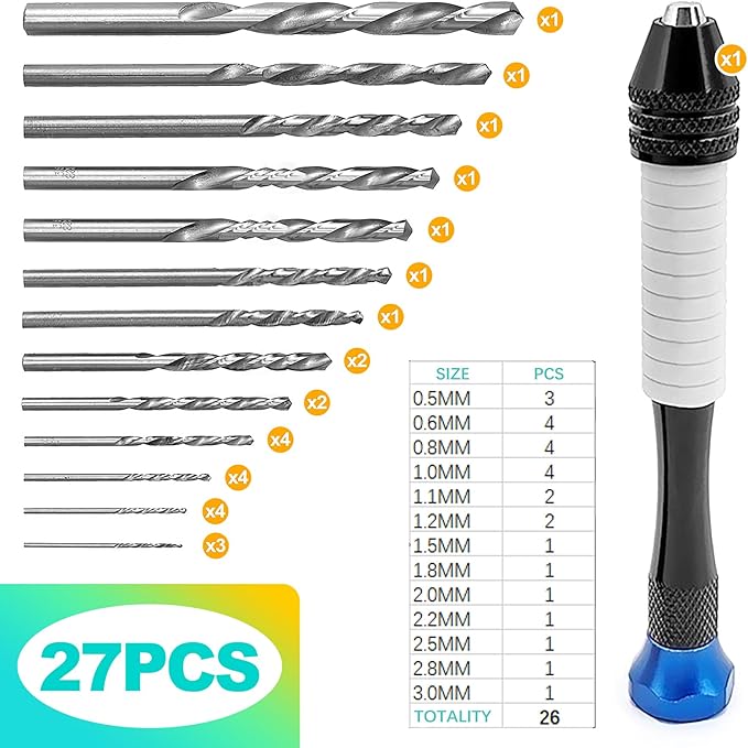 26 Pcs Pin Vise Hand Drill Set, Precision Craft Drill for Jewelry Making, Micro Kit (0.8-3.0mm, incl. 1mm), Small Hand for Wood, Plastic, Miniatures(Blue)