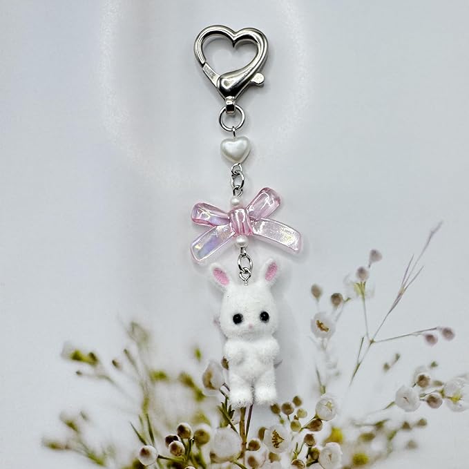 Cute Fuzzy rabbit Keychain for Women - Y2K Plush Bow Bag Charm Decor, Kawaii Kitty Pendant Gift for her