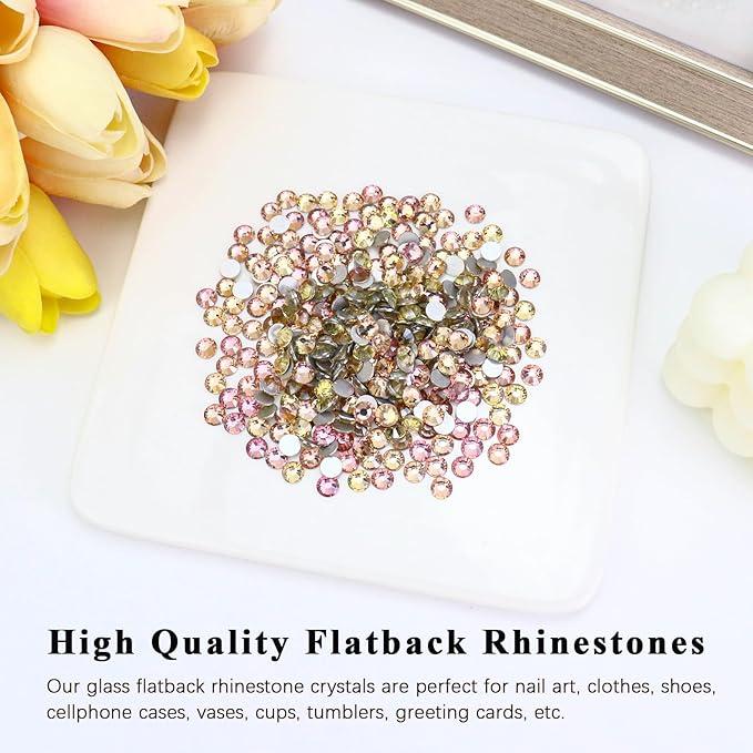 1440PCS SS6 Crystal Glass Flatback Rhinestones, Round Flat Back Crystal Gems for Nail Art and Craft Clothes, Glue Fix Diamond Stones Pink Champagne (1.9-2.0mm)