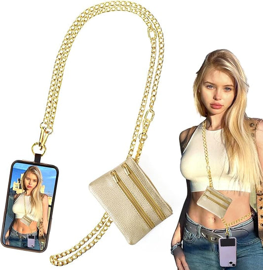 XANGNIER Clip and Go Strap for Phone with Wallet Crossbody, Phone Strap with Zippered Wallet, Adjustable Anti Theft Cellphone Lanyard for Women, Cellphone Chain Accessories,Chain Gold