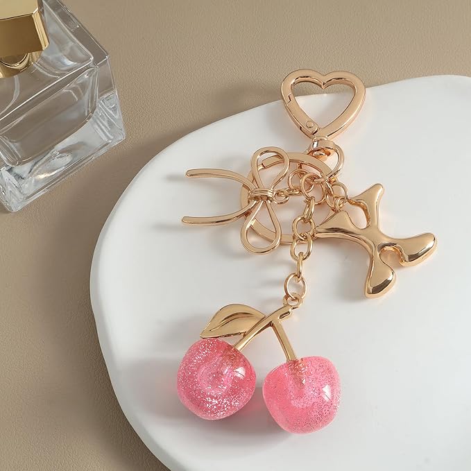 Snycler Bubble Initial Keychain with Cherry & Bow - Gold Letter Bag Charms for Women, Cute Purse Handbag Accessories