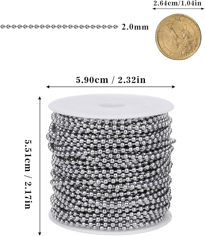 Stainless Steel Ball Bead Chain [2.0mm/50Feet] Chains Spool with 30 PCS Connectors for Jewelry Making