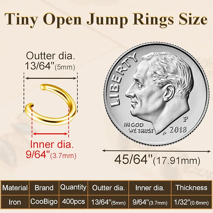 400pcs 13/64" Gold Tiny Jump Rings for Jewelry Making Replacement, Open Jump Ring Metal Jewelry Findings for Bracelets Necklaces Earrings Keychains Connectors Loops Repair Hardware