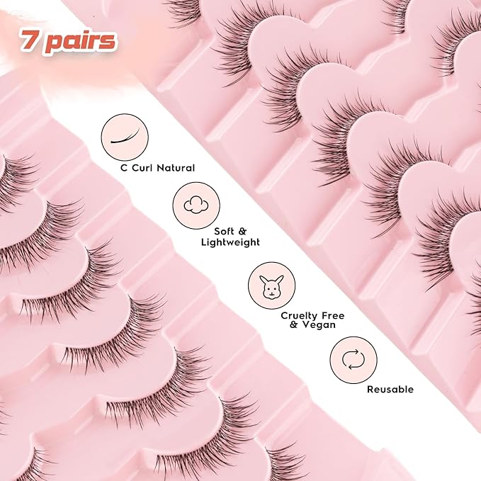 False Eyelashes Natural Look 12MM Strip Lashes with 0.03MM Ultra Thin Band Wispy Lashes C Curl Fake Eyelashes Natural Lash Strips Short Eyelash 7 Pair Siligli