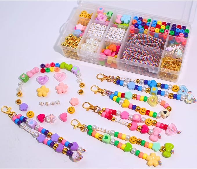 fcccfvvuua 565 PCS DIY Beaded Keychain Making Kit - Bow Heart Star Flower Letter Alphabet | Great for Handmade Party, Gifts | Bead and Bag Charm Kit | Bag Charms Kit