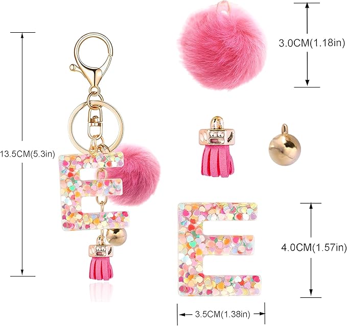 Resin Alphabet Initial Letter Keychain Keyring for Women Purse Handbags With Fur Ball Pom