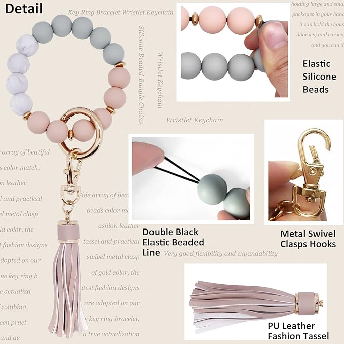 BIHRTC Key Ring Bracelet Car Keychain Holder Wristlet Silicone Women Beaded Bangle Chains