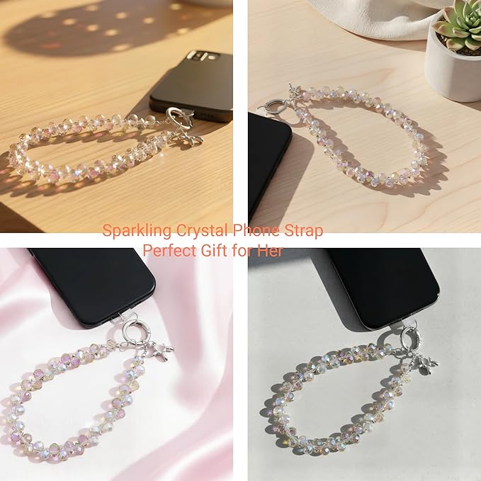 2pcs Crystal Phone Wrist Strap Phone Charm Chain Keychain Beaded Cellphone Lanyard with Tether Tab Hands-Free Wristlet Bracelet Wrist Grip Strap for Women, D-Light Purple