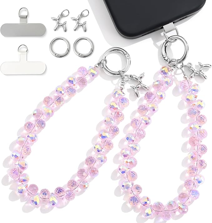 2pcs Crystal Phone Wrist Strap Phone Charm Chain Keychain Beaded Cellphone Lanyard with Tether Tab Hands-Free Wristlet Bracelet Wrist Grip Strap for Women, D-Pink AB