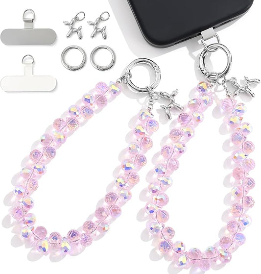 2pcs Crystal Phone Wrist Strap Phone Charm Chain Keychain Beaded Cellphone Lanyard with Tether Tab Hands-Free Wristlet Bracelet Wrist Grip Strap for Women, D-Pink AB