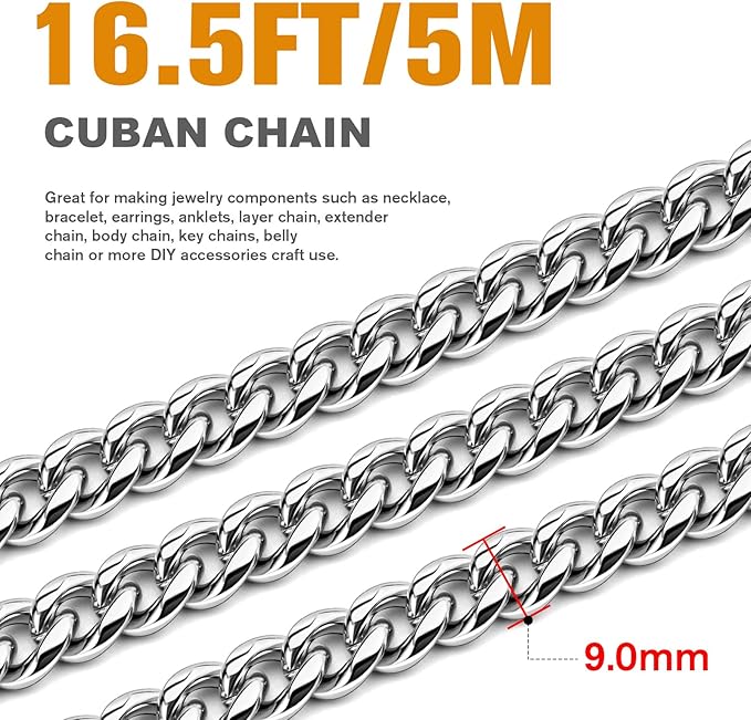 16.5 Feet Stainless Steel Cuban Chains Roll, 9mm Width Miami Curb Link Chains Spool Bulk for Jewelry Meking & DIY Craft