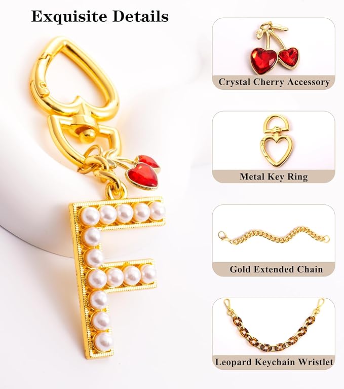 Pearl Initial Keychain with Leopard Bag Charms Wallet Chain Women Cute Alphabet Keychains Charm for Purse Handbag
