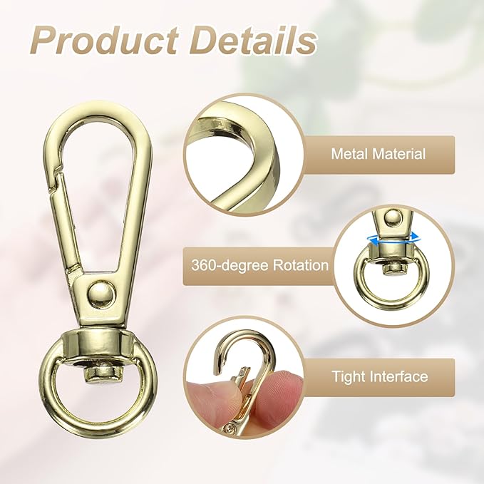 PATIKIL Swivel Lobster Claw Clasps 20pcs Push Gate Snap Hook Metal Trigger Clips Purse Hardware for Keychains Purse Handbag Makings DIY Crafts, Light Gold