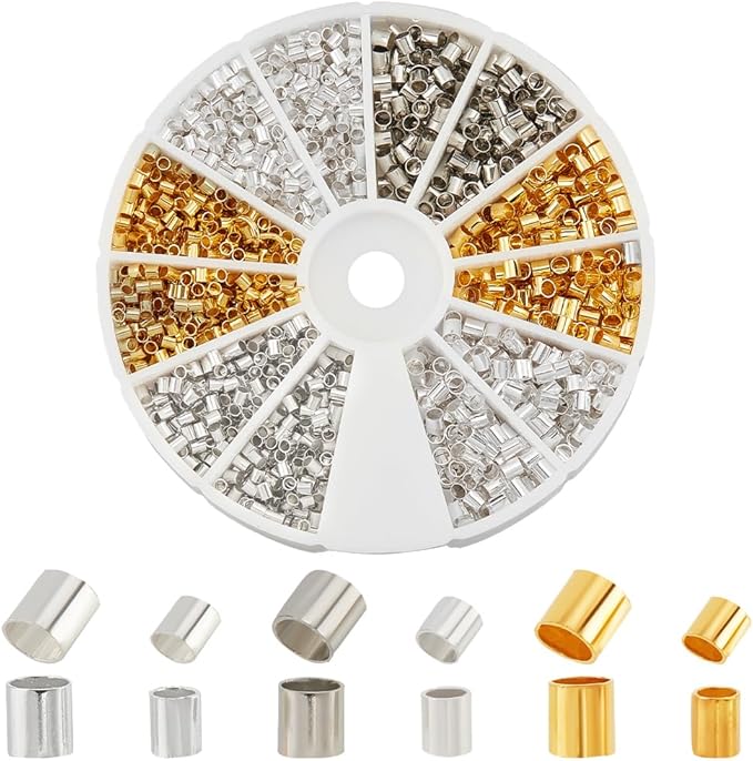 PH PandaHall Crimp Tube Beads, 3000 Pcs 1.5mm 2mm Brass Tube Crimp End Spacer Beads Cord End Caps Loose Stopper Bead for Earring Necklace Pendant DIY Jewelry Gift Making, Golden/Silver/Platinum