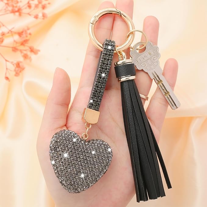 Heart Shape Rhinestone Glitter Keychains for Women Charms Purse Crystal Tassel Car Key Rings Backpacks