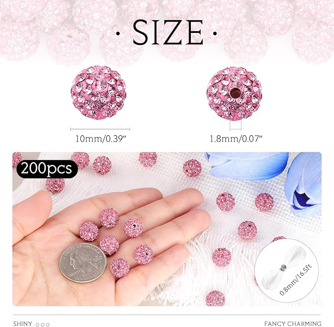 200 Pcs Dark Pink Rhinestone Beads for Jewelry Making, Sparkle Crystal Clay Christmas for Bracelet Baseball Necklace Earring Crafting and DIY, Shiny Round Shamballa Disco Ball Beads Bulk