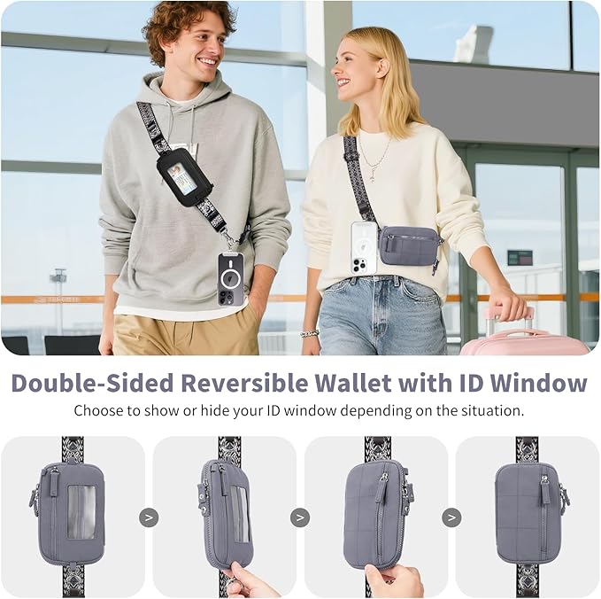 Clip and Go Strap for Phone with Wallet Crossbody Phone Lanyard with Anti-Theft Zipper Pouch Detachable Quilted Wrist Wallet with RFID and ID Window for Daily Travel. Grey