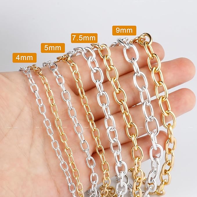 33 Feet Silver Rolo Cable Chains Roll, 9 MM Silver Plated Aluminium Oval Cable O Links Chain Bulk Spool for Jewelry Making DIY Craft